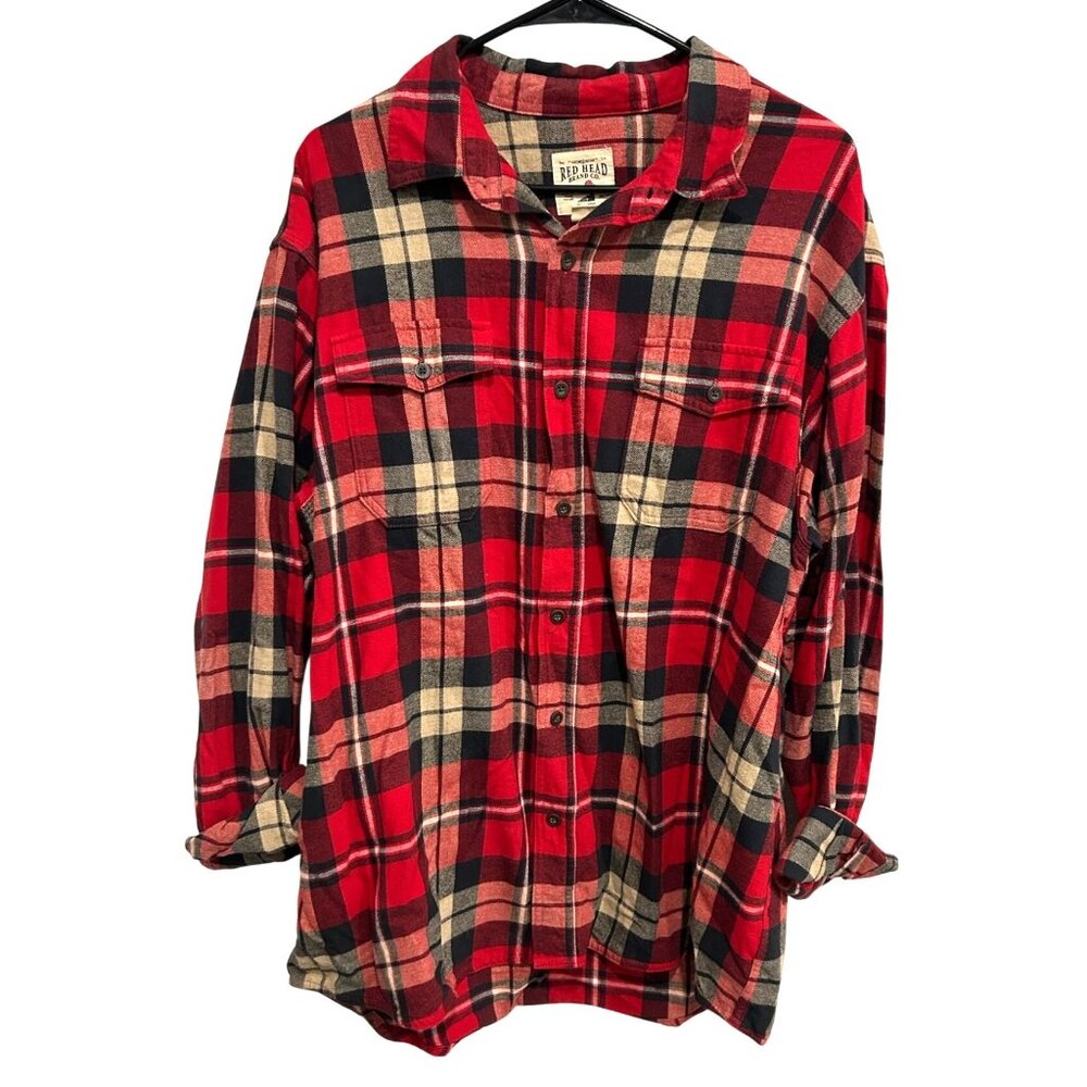 Red Head Brand Co. Red Beige Plaid Button-Up Flannel Shirt Sz XL cotton